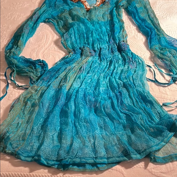 Blue Sheer Long Sleeve Dress. Coverup beach dress. - Picture 2 of 10